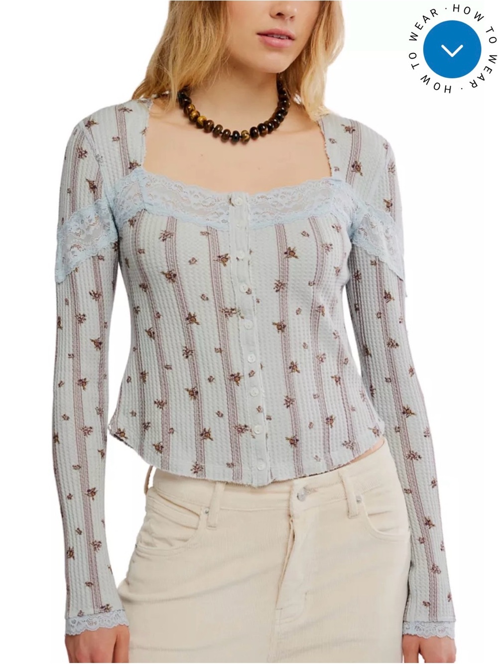 Free People Pale Blue Floral Lace-Trim Button Down Top
